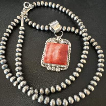 Navajo Red Spiny Oyster Pendant Necklace | Sterling Silver | Authentic Native American Handmade | 16147