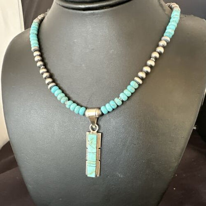 Navajo Turquoise #8 Inlay Pendant Necklace | Sterling Silver | Authentic Native American Handmade | 17055
