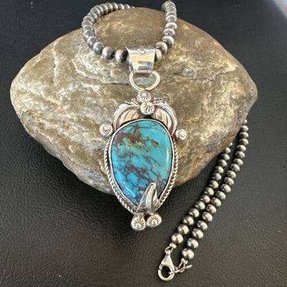 Navajo Blue Turquoise Pendant Necklace | Sterling Silver Pearls | Authentic Native American Handmade | 15647