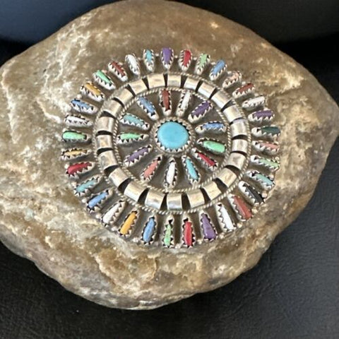 Zuni Multi-Color Turquoise Needle Point Wheel Pin Pendant Sterling Silver 15154