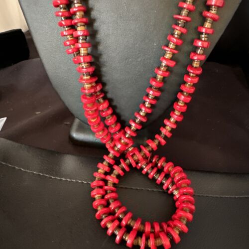 Navajo Red Coral Shell Bead Necklace | Sterling Silver | 30" | Authentic Native American Handmade | 15283