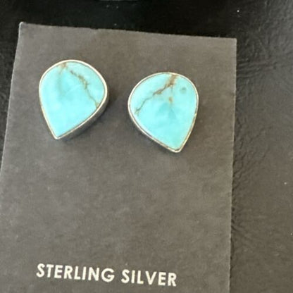 Navajo Blue Kingman Turquoise Post Stud Earrings | Sterling Silver | Authentic Native American Handmade | 17467