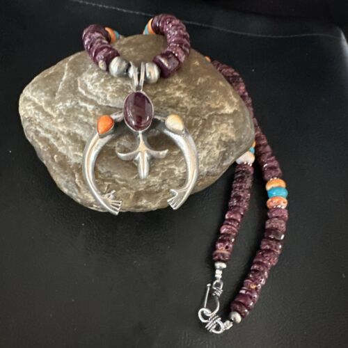 Navajo Purple Spiny Oyster Turquoise Naja Pendant Necklace | Sterling Silver | Native American Handmade | 15273