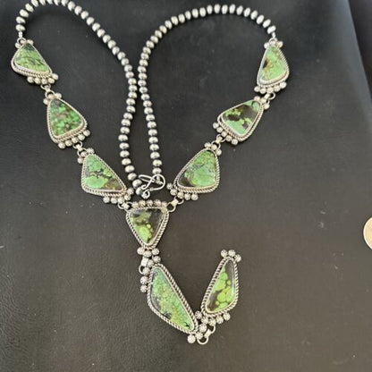 Navajo Green Spiderweb Turquoise Necklace | Men's Lariat | 30" | Authentic Native American Handmade | 17435