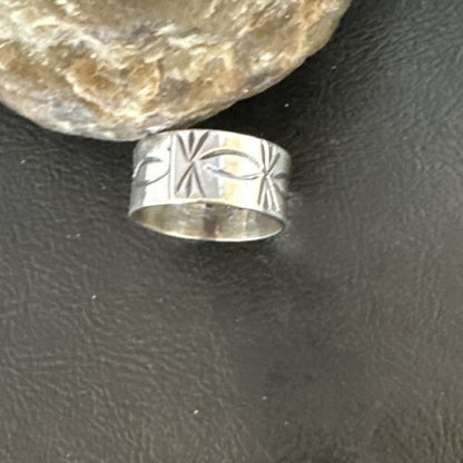 Men's Wide Band Navajo Stamped Ring | Sterling Silver | Sz 12 | Authentic Native American Handmade | 15126
