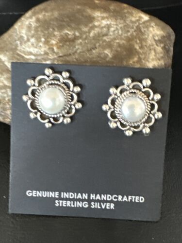 Navajo White Pearl Post Stud Earrings | Sterling Silver | Authentic Native American Handmade | 15329