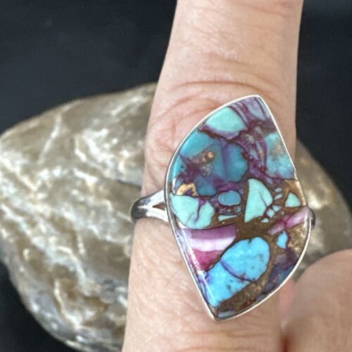 Navajo Blue Turquoise Purple Spiny Oyster Ring | Sterling Silver | Sz 8 | Authentic Native American Handmade | 16625