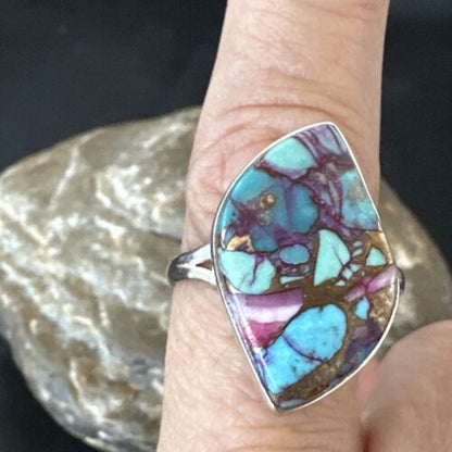 Navajo Blue Turquoise Purple Spiny Oyster Ring | Sterling Silver | Sz 8 | Authentic Native American Handmade | 16625