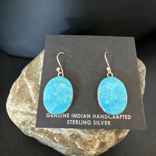Navajo Blue Kingman Turquoise Dangle Earrings | Sterling Silver | Authentic Native American Handmade | 15436