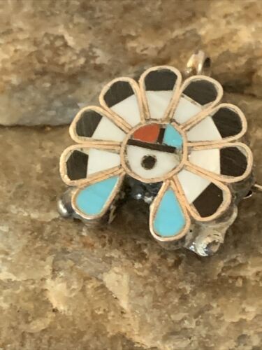 Zuni Sunface Pin Pendant | Turquoise, Mother of Pearl, Spiny Oyster | Sterling Silver | 01179