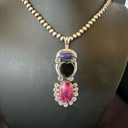 Navajo Black Onyx Purple Spiny 3-Stone Cluster Pendant | Sterling Silver | Authentic Native American Handmade | 17635