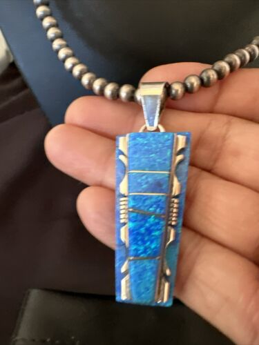 Navajo Blue Opal Inlay Pendant | Sterling Silver Necklace with Pearls | Authentic Native American Handmade | 16905