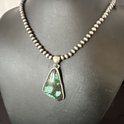 Men's Navajo Sterling Silver Necklace Pendant | Green Spiderweb Turquoise | Authentic Native American Handmade | 16215