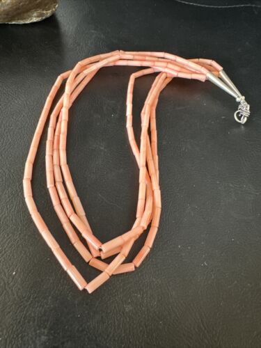 Pink Coral Tube Heishi Bead Necklace | 4 Strand Navajo Sterling Silver | 18" | 15279