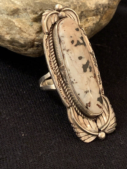 Navajo White Buffalo Turquoise Ring | Sterling Silver | Sz 10.5 | Authentic Native American Handmade | 314