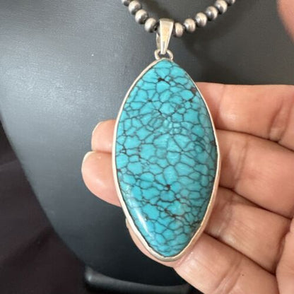 Men's Navajo Blue Spiderweb Turquoise Pendant Necklace | Sterling Silver | Authentic Native American Handmade | 16210