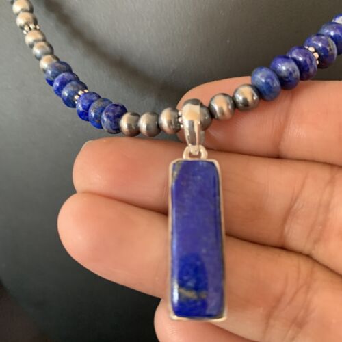 Navajo Blue Lapis Pendant with Pearls | Sterling Silver Necklace | Authentic Native American Handmade | 16934