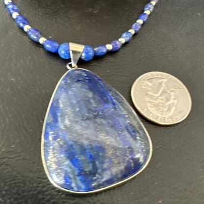 Navajo Blue Denim Lapis Pendant with Pearls | Sterling Silver Necklace | 22" | Authentic Native American Handmade | 16578