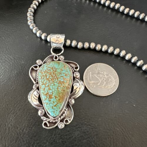 Navajo Blue Turquoise #8 Pendant | Sterling Silver Pearls Necklace | Authentic Native American Handmade | 15902