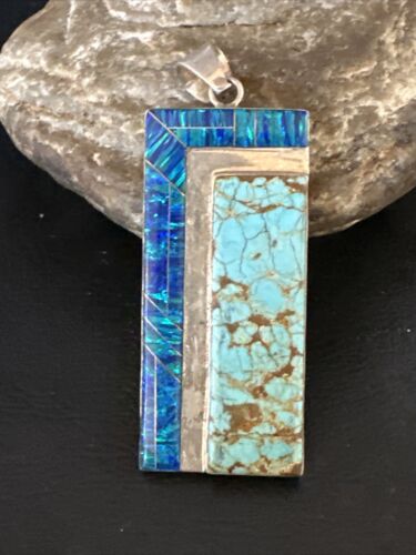 Men's Women's Blue #8 Turquoise Opal Inlay Pendant | Navajo Sterling Silver | 15198