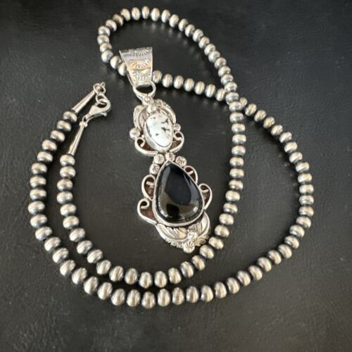 Navajo White Buffalo Turquoise & Onyx Pendant Necklace | Sterling Silver | Multi-Stone | 15315