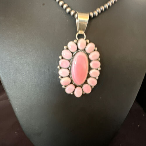 Navajo Pearls Pink Conch Necklace with Multi-Stone Cluster Pendant | Authentic Native American Handmade | 16062