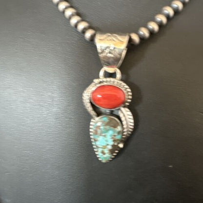 Navajo Blue Turquoise Red Spiny Oyster Pendant Necklace | Sterling Silver | Multi-Stone | 16290 - Masha USA