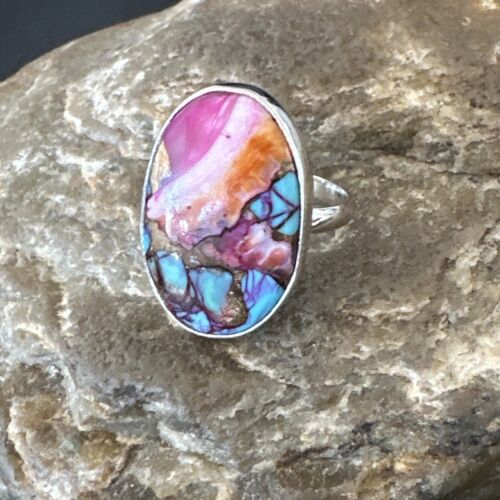 Navajo Blue Turquoise Purple Spiny Oyster Ring | Sterling Silver | Sz 8 | Authentic Native American Handmade | 16623