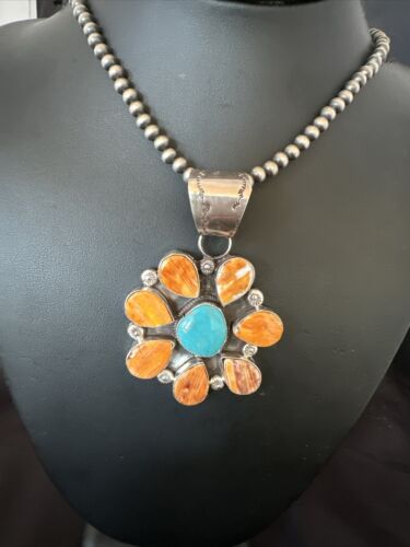Navajo Blue Turquoise | Spiny Oyster Pendant Necklace | Sterling Silver | Multi-Stone | 16834