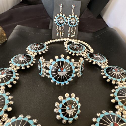 Zuni Ultra Rare Sunface Onyx Turquoise Inlay Squash Blossom Necklace Bracelet | Sterling Silver | 16679