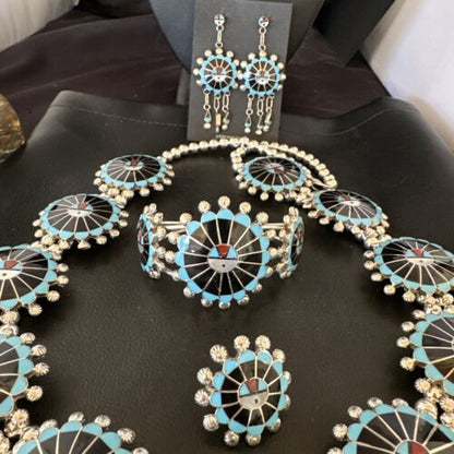 Zuni Ultra Rare Sunface Onyx Turquoise Inlay Squash Blossom Necklace Bracelet | Sterling Silver | 16679