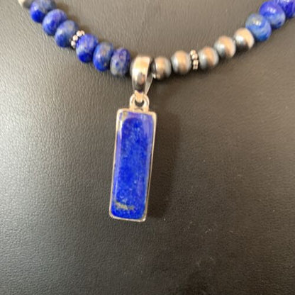 Navajo Blue Lapis Pendant with Pearls | Sterling Silver Necklace | Authentic Native American Handmade | 16934