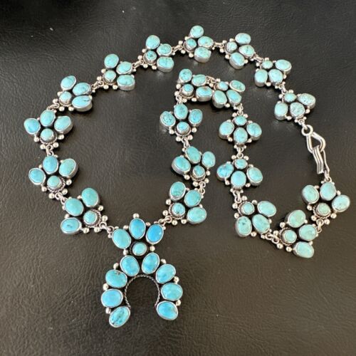Rare Sleeping Beauty Kingman Turquoise Squash Blossom Necklace | Sterling Silver | 16269
