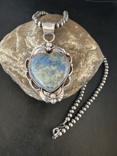 Men's Blue Heart Denim Lapis Pendant | Navajo Pearls Sterling Silver Necklace 21" | 15522