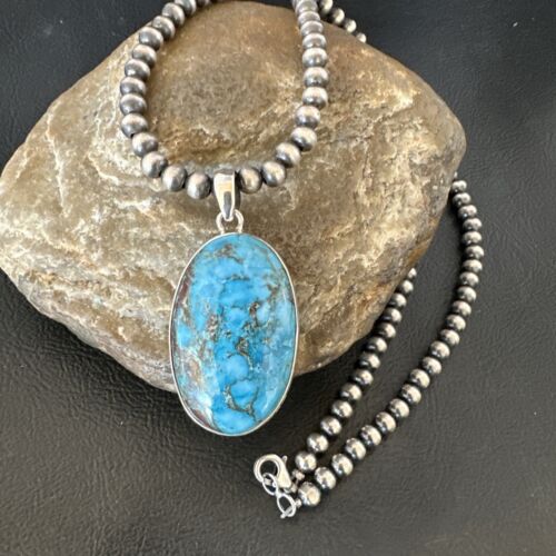 Men's Navajo Blue Spiderweb Turquoise Pendant Necklace | Sterling Silver | Authentic Native American Handmade | 16299