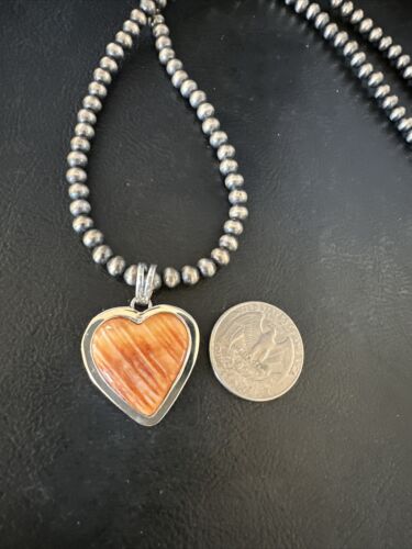 Navajo Orange Heart Spiny Oyster Pendant | Sterling Silver Necklace | Authentic Native American Handmade | 15006