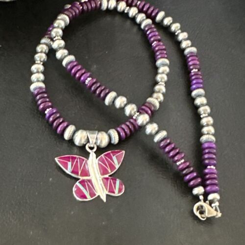 Navajo Butterfly Purple Sugilite Pendant Necklace | Sterling Silver Inlay | Authentic Native American Handmade | 16761
