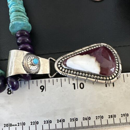 Navajo XL Turquoise Purple Spiny Oyster Pendant Necklace | Sterling Silver | Authentic Native American Handmade | 25" | 17464