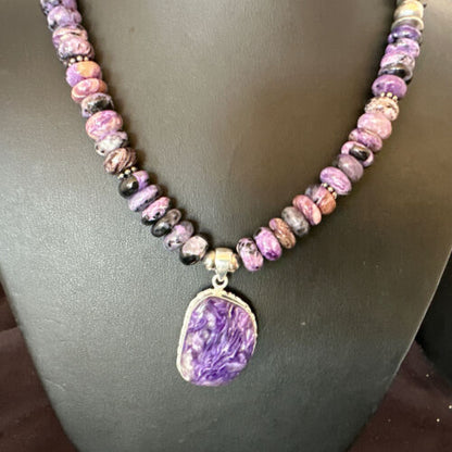 Navajo Purple Charoite Pendant with Pearls | Sterling Silver Necklace | Authentic Native American Handmade | 16337