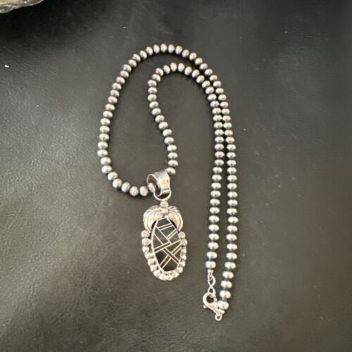Navajo Pearls Black Onyx Inlay Necklace Pendant | Sterling Silver | Authentic Native American Handmade | 16535