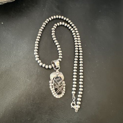 Navajo Pearls Black Onyx Inlay Necklace Pendant | Sterling Silver | Authentic Native American Handmade | 16535