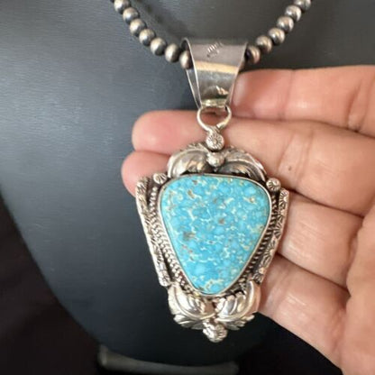 Navajo Kingman Turquoise Pendant Necklace | Sterling Silver Pearls | Authentic Native American Handmade | 15218