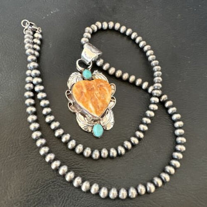 Navajo Spiny Oyster Heart Turquoise Pendant Necklace | Sterling Silver | Authentic Native American Handmade | 16456