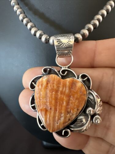 Navajo Orange Spiny Oyster Heart Pendant Necklace | Sterling Silver | Authentic Native American Handmade | 16420