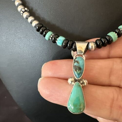 Navajo Men's Blue Turquoise Pendant with Pearls | Sterling Silver Onyx Necklace | Native American Handmade | 13203