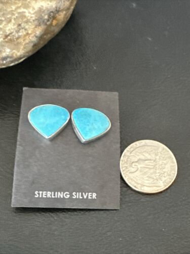 Navajo Blue Kingman Turquoise Post Stud Earrings | Sterling Silver | Authentic Native American Handmade | 17470