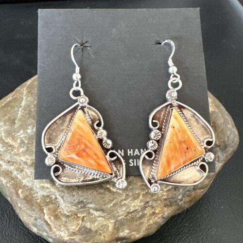 Navajo Orange Spiny Oyster Dangle Earrings | Sterling Silver | Authentic Native American Handmade | 17271