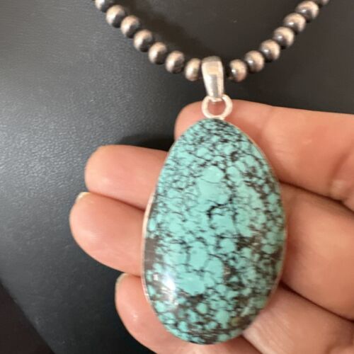 Men's Navajo Blue Spiderweb Turquoise Pendant Necklace | Sterling Silver | Authentic Native American Handmade | 16194