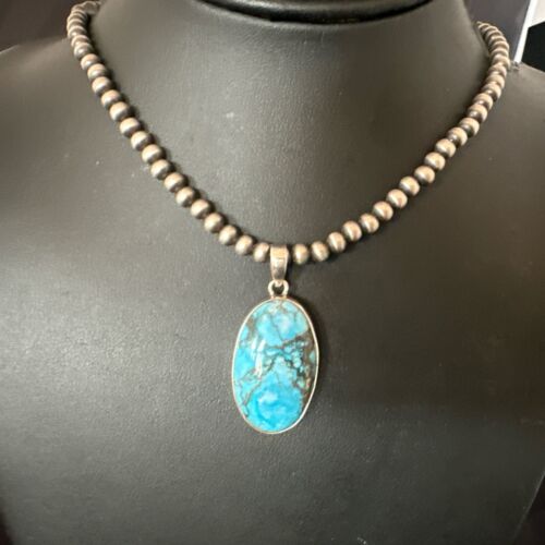 Navajo Blue Spiderweb Turquoise Pendant Necklace | Sterling Silver | Authentic Native American Handmade | 17024