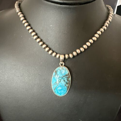 Navajo Blue Spiderweb Turquoise Pendant Necklace | Sterling Silver | Authentic Native American Handmade | 17024
